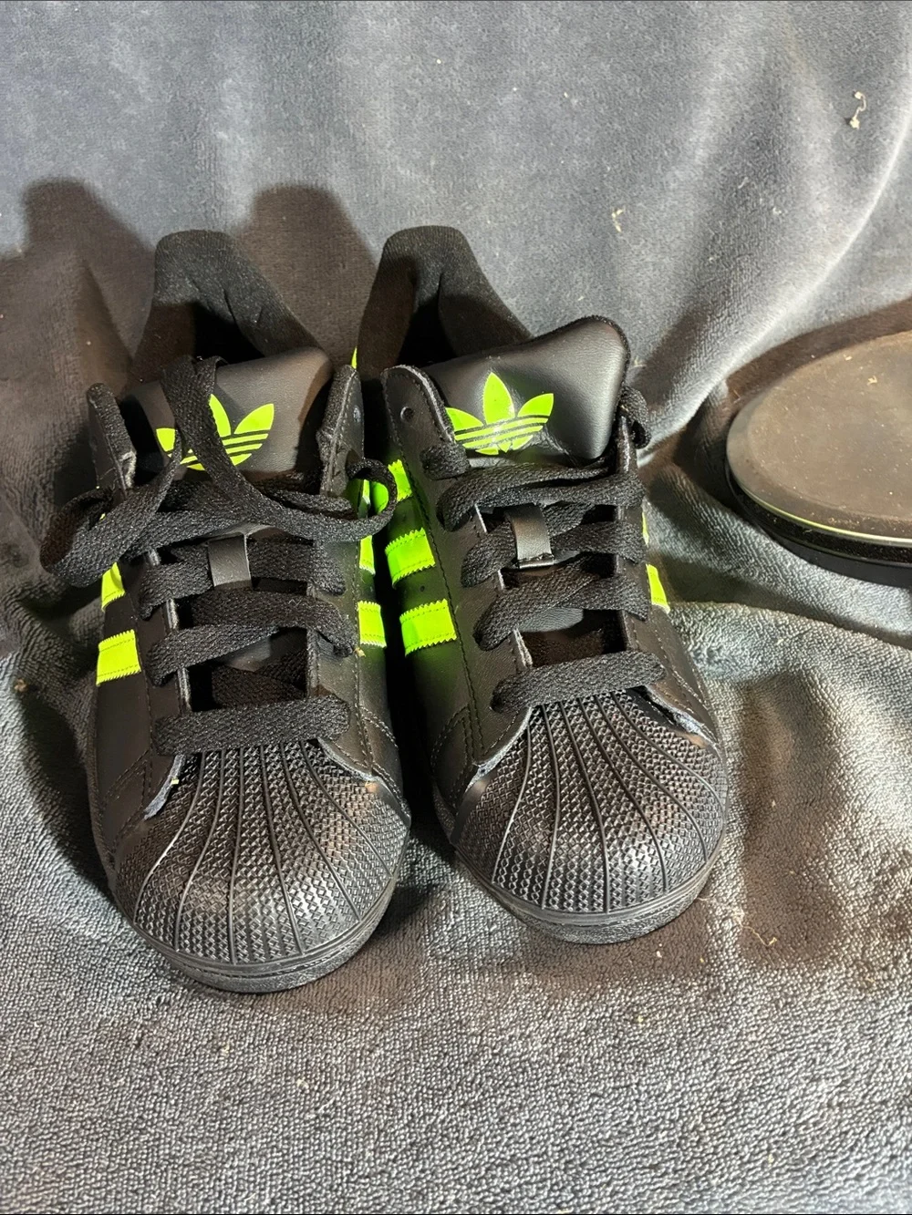 adidas Kids Superstar Sneakers in Black with Neon Green Stripes